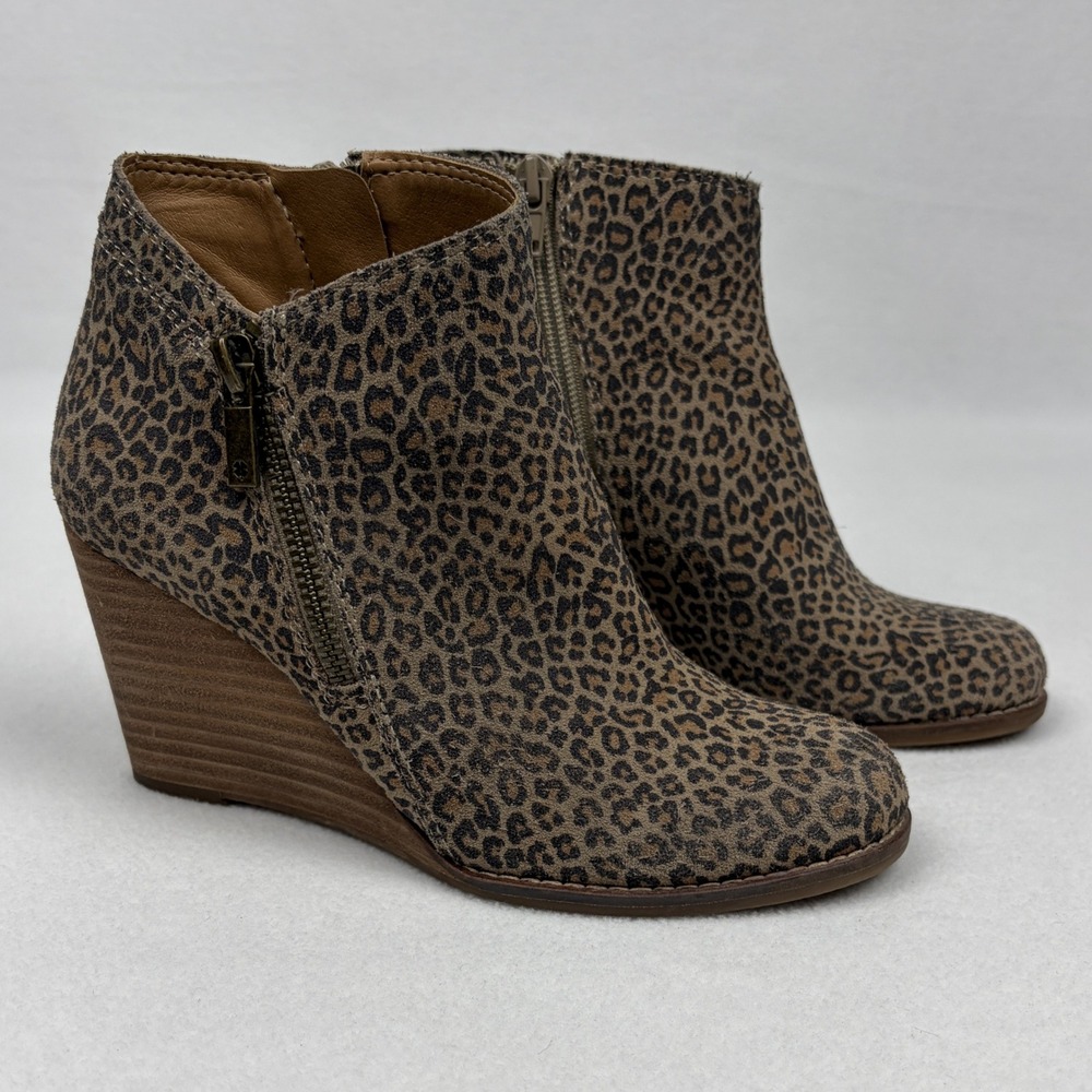 Lucky Brand Womens Leopard Print Suede Wedge Ankle Booties Brown Tan Dual Zip 9M